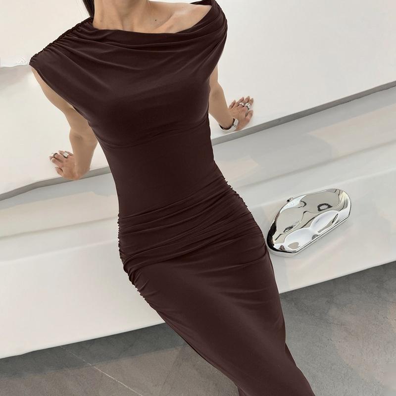 Women Summer European Style Slimming Off-shoulder Sexy Solid Color Maxi Dress