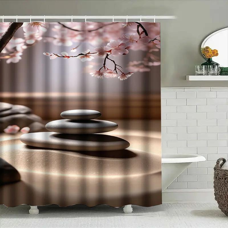 

Zen Stones And Cherry Blossoms Waterproof Shower Curtain Heat Resistant Machine Washable Non-Transparent 180X180Cm W60H190(CM)-1 Pcs