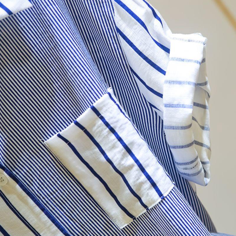 Blue Striped Shirt Women's Short Sleeves Summer New Loose Top Splicing Chic Shirt