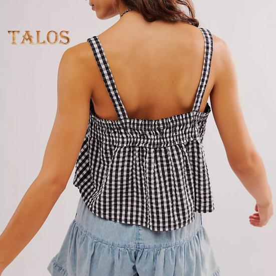 Sexy Weste für Damen, kariertes Sling-Top mit Schnürdetail, lockere Passform, kurze Tanktops, verstellbare Brustdekoration