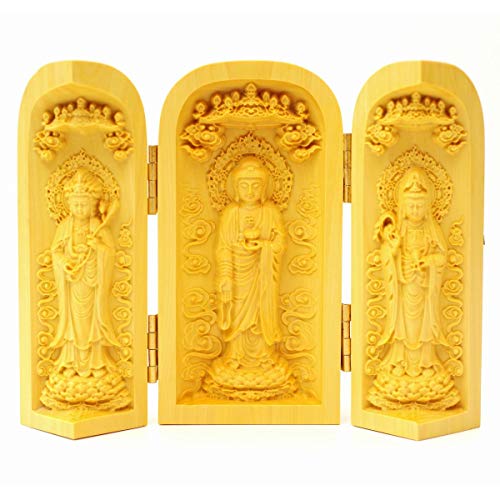 Standing Amitabha Triad Statue, Natural Boxwood, Approximately 10cm Tall, Carved with Amitabha, Kannon, and Seishi Bodhisattva, Three Open Buddhas [Pa