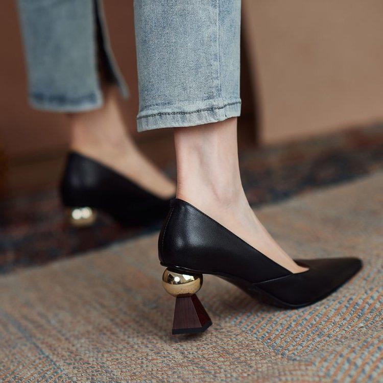 Pointed high heels women's spring new fashion special-shaped thick heel outer wear work shoes not tired feet single shoes