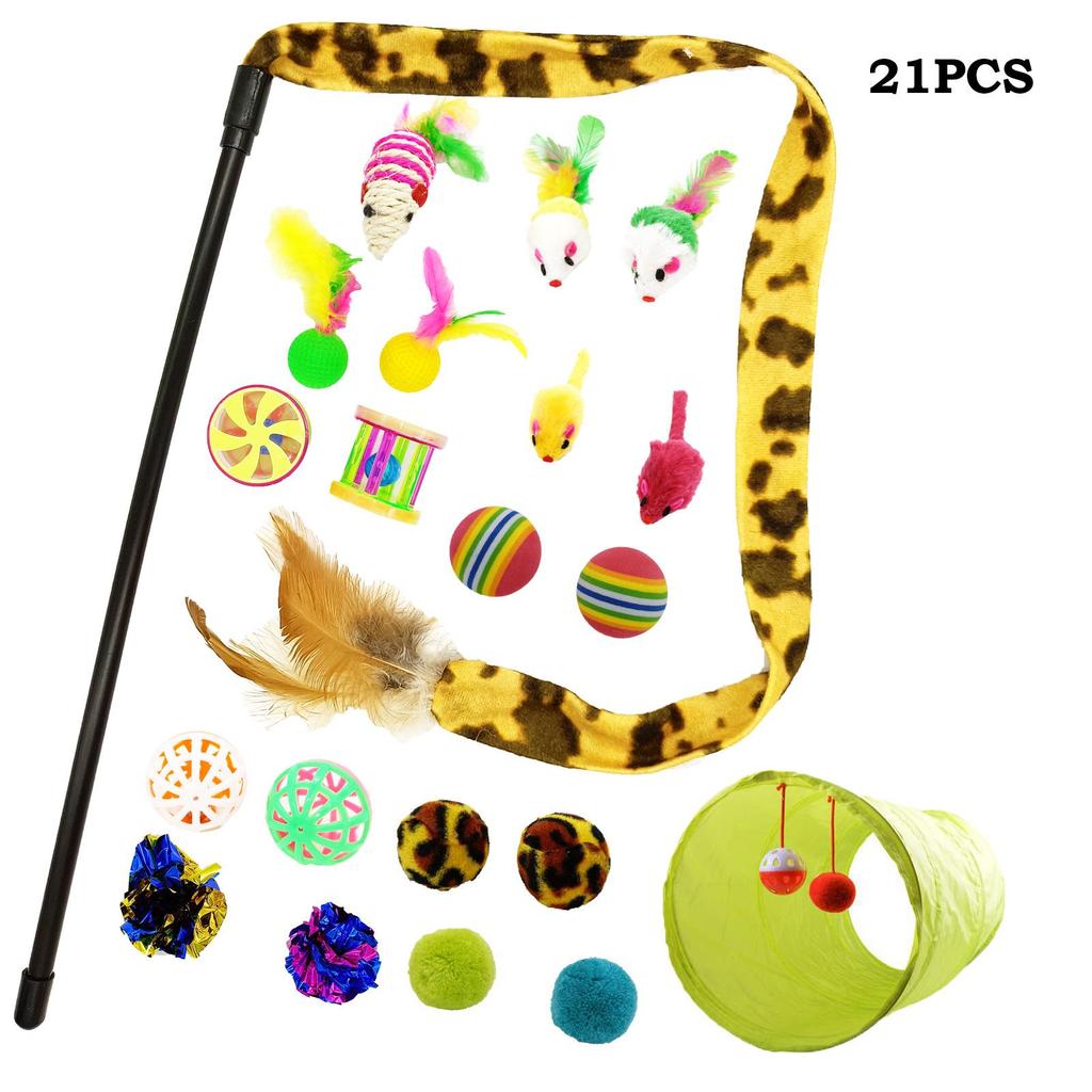 Pet Toy Set: 21-Piece Cat Tunnel, Sisal Mouse, Rainbow Ball, Crinkle Paper, Cat Teaser Stick Combo