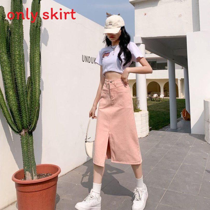 Cotton Blend Pink Midlength Skirt With Zipper And Button For Spring Summer Casual Wear