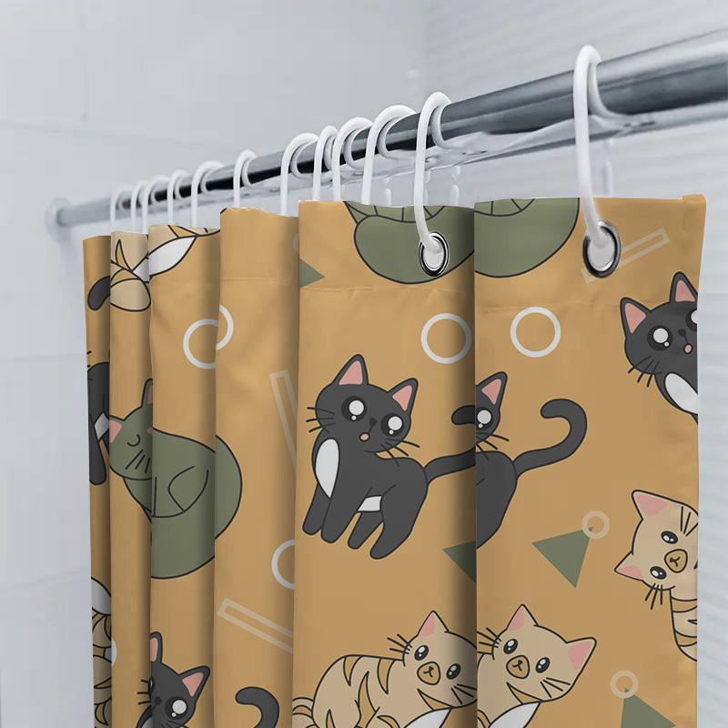 Whimsical Cats Shower Curtain: 3D Printed Polyester Fabric Design For Bathroom Decorations Cute Kitten Print In Green, Black, Or