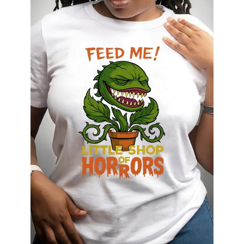

[Terrifying Pattern T-Shirt] Big Mouth Flower That Eats People Women s Short-Sleeved T-Shirt | Casual Regular Length Women s Clothing S белый
