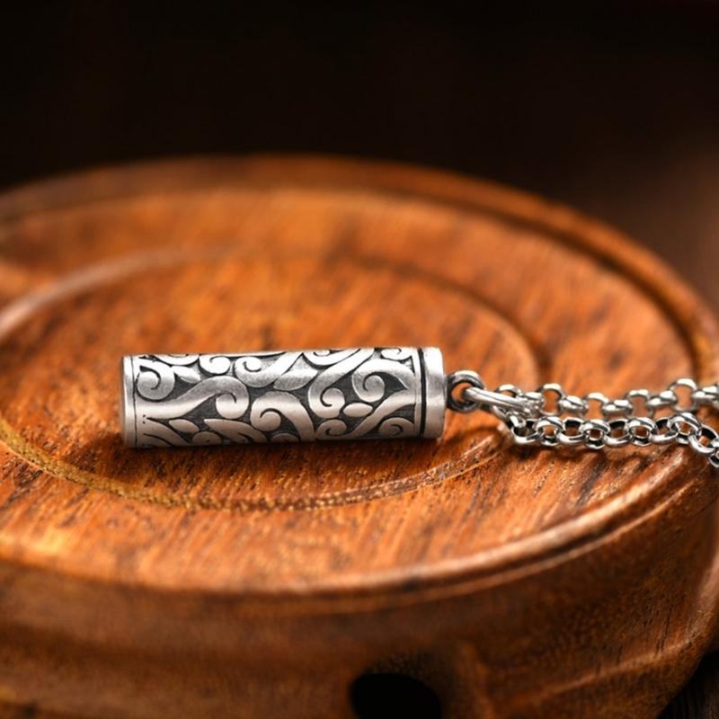 Ancient Hollow Charm Necklace For Holding Sacred Scroll Engraved Intricate Design Matte Finish Black Strap Included