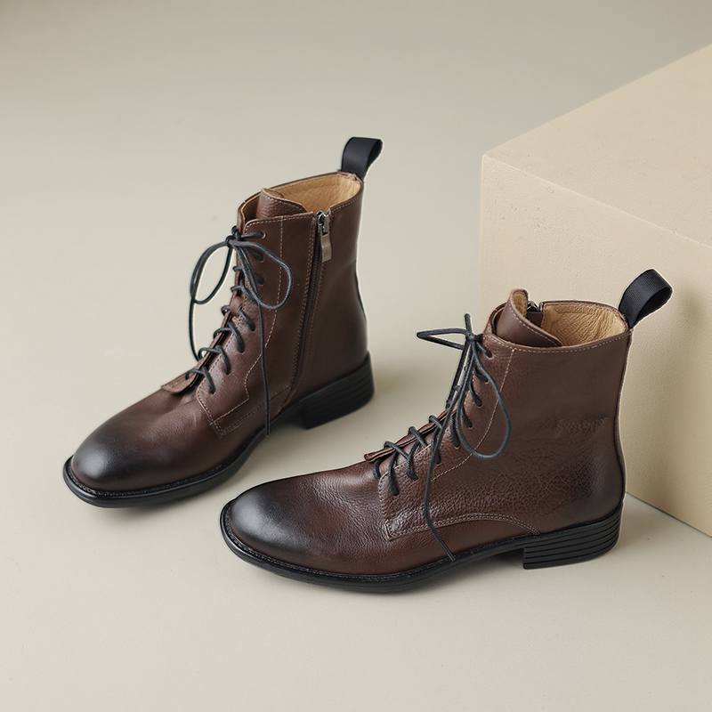 Krazing Pot Cow Leather Winter Round Toe Thick Low Heels Western Boots Women Lace Up Retro Ankle Boots