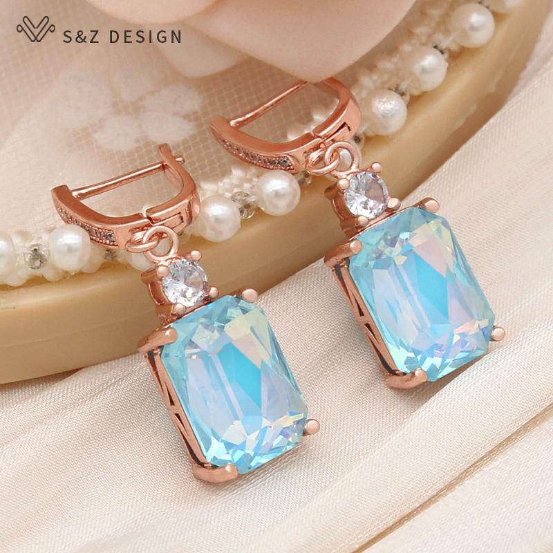 Boucles d'oreilles pendantes rectangulaires en cristal, couleur or rose, pour femmes, bijoux de mariage en zircone cubique