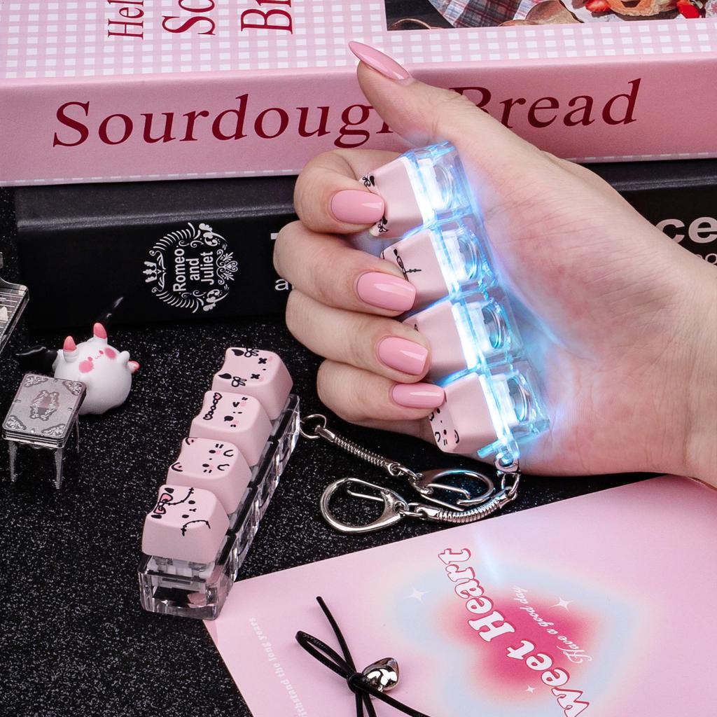 MAIMOOO Keychain Tester Fingertip Toy And Stress Reliever Cute Pink Glowing Cat Mini Keyboard Pendant (Translucent/Opaque).