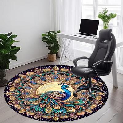 1PC Peacock Mandala Artwork Office Round Rug, Non Slip, Soft and Durable Office Rug for Interior Decoration, Perfect for Office