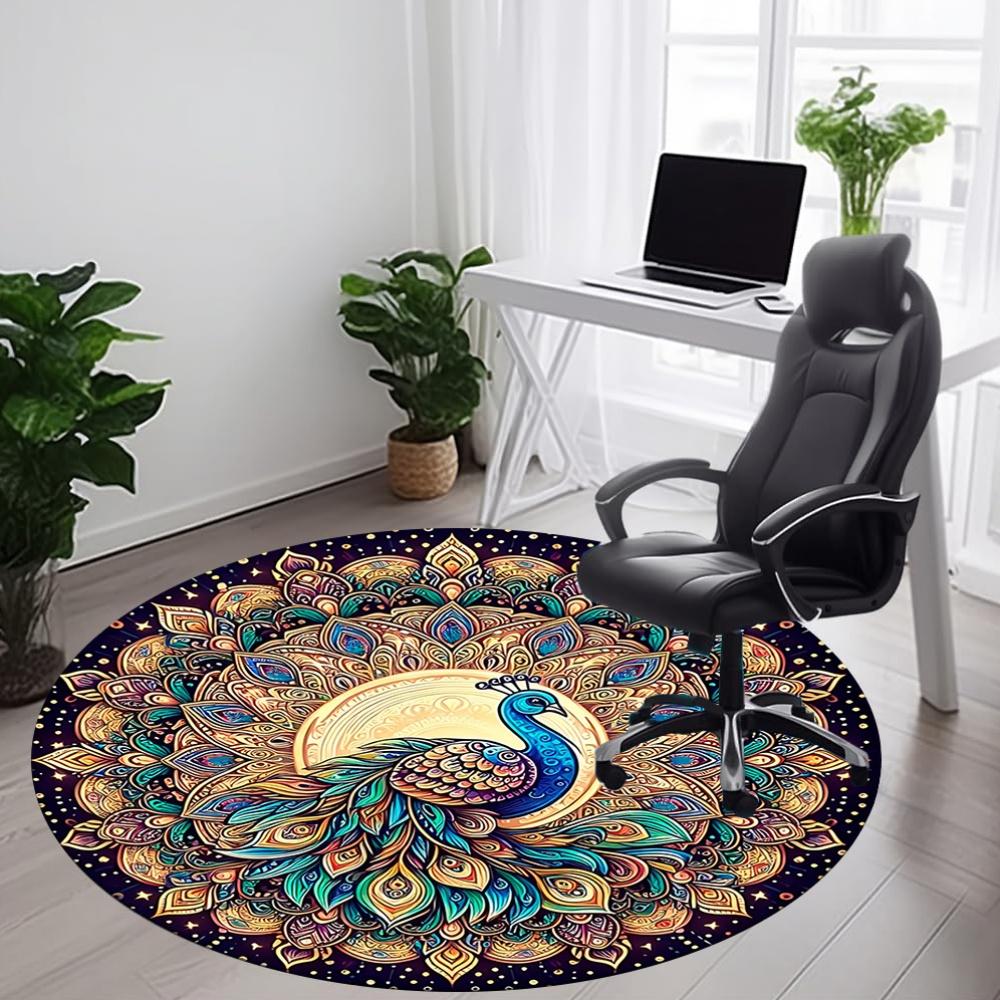 1 Stück Pfauen Mandala Kunstwerk Büro Runder Teppich, Rutschfest, Weicher und Langlebiger Büroteppich für Innendekoration, Perfekt für das Büro