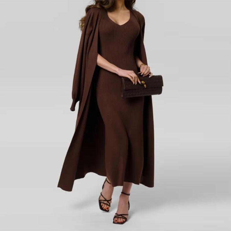 2026 Autumn European & American Solid Color Slim Knit Sweater Over-the-Knee Long Dress Set for Women