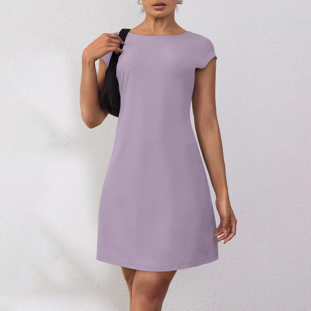 Women's Summer Casual Backless Cap Sleeve T Shirt Dress Round Neck Party Dresses