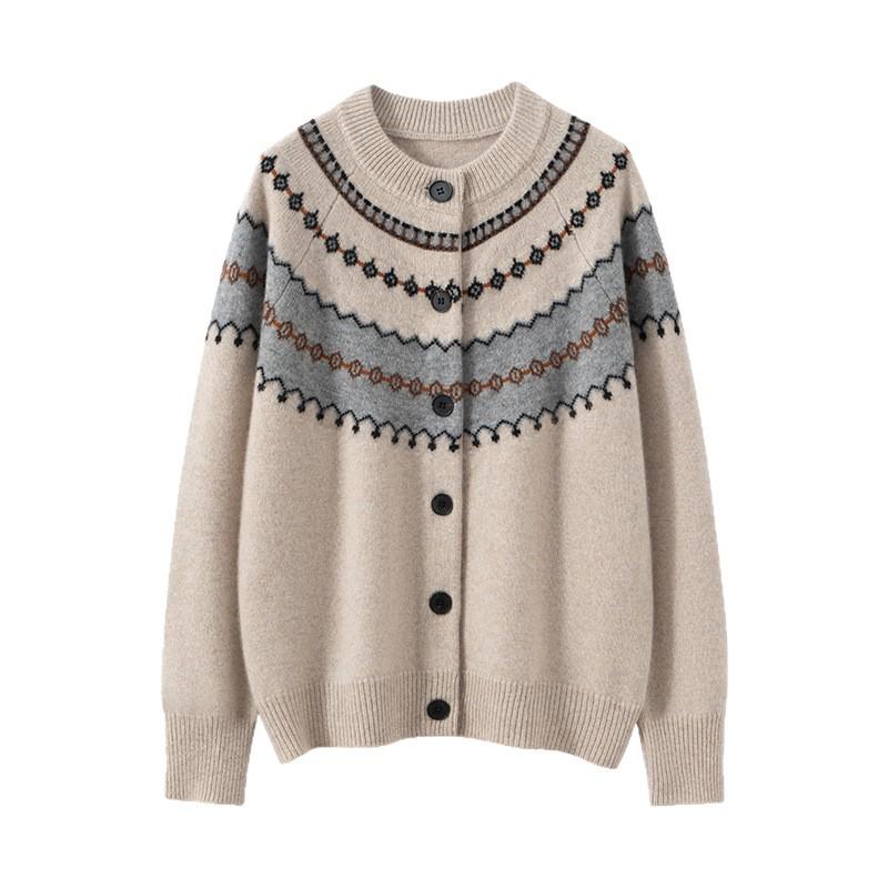 2025 Fall/Winter Striped Retro Women's Cashmere Sweater - Loose Round Neck Thick Cardigan with Long Sleeves