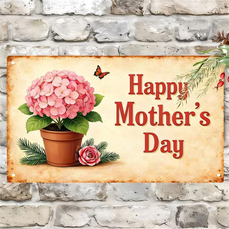 Happy Mothers Day Flower Pot Tin Sign Vintage Floral Metal Plaque Wall Decor Rustic Retro Garden Gift for Mom Outdoor Indoo