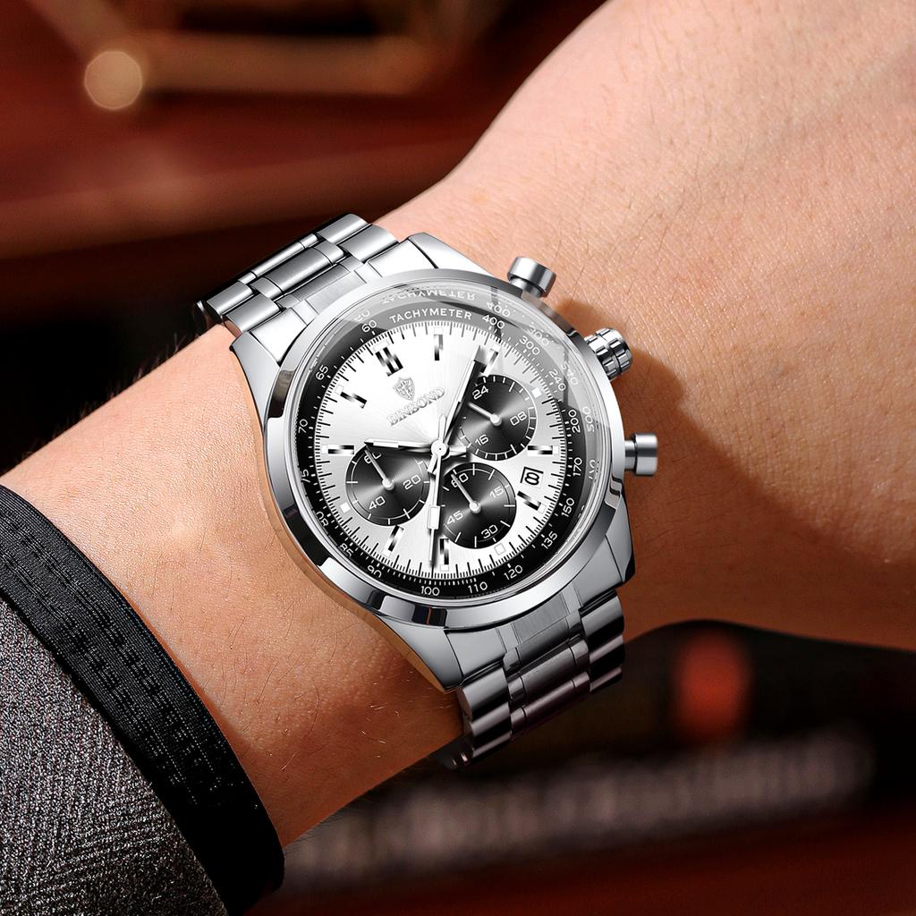 BINBOND Accurate Quartz Watches For Men Luxury Auto Date Chronograph Luminous Waterproof Men's Watch Stainless Steel Reloj