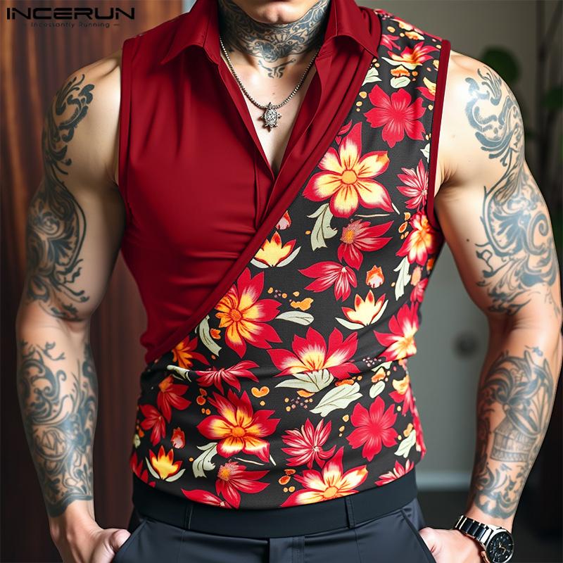 INCERUN Herren Revers Ärmellos Patchwork Blumendruck Lässig Dünne Tanktops