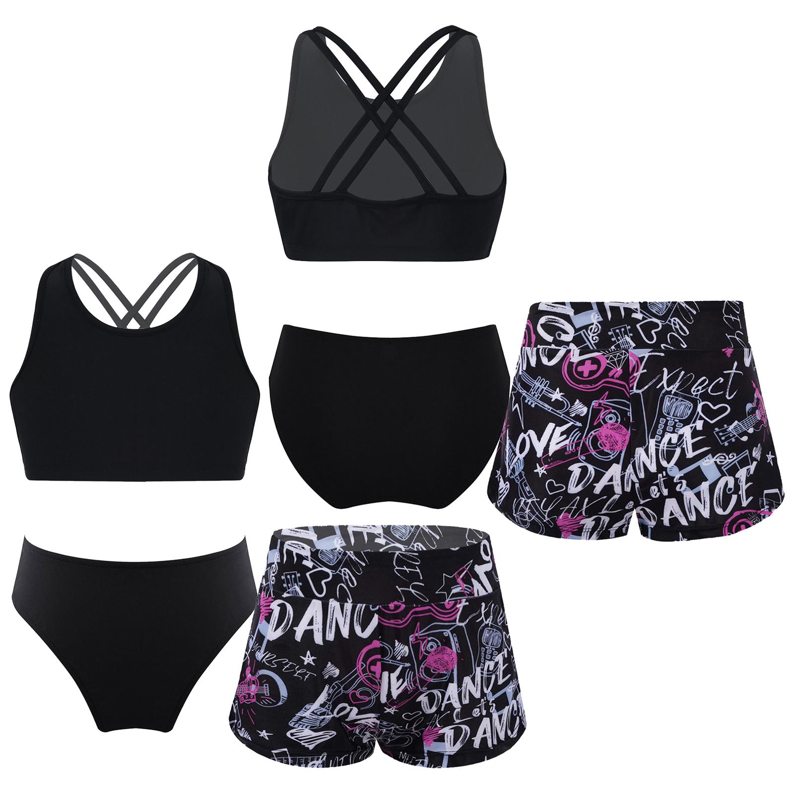 Fldy 3-delige kindermeisjes badmode mouwloze crop top met bandjes en bedrukte shorts en slips voor zwemmen in het strandzwembad 13-14 Years wit/zwart