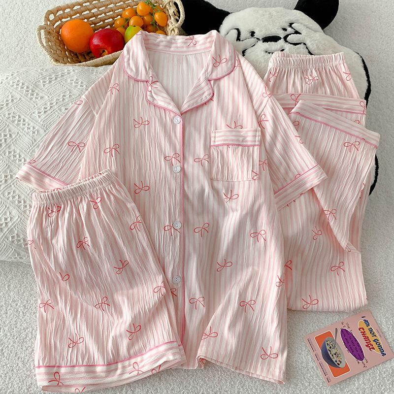 Retro Small Floral High-End Wrinkled Cloth Pajamas Women'S Summer Casual Homewear Short-Sleeved Three-Piece Set