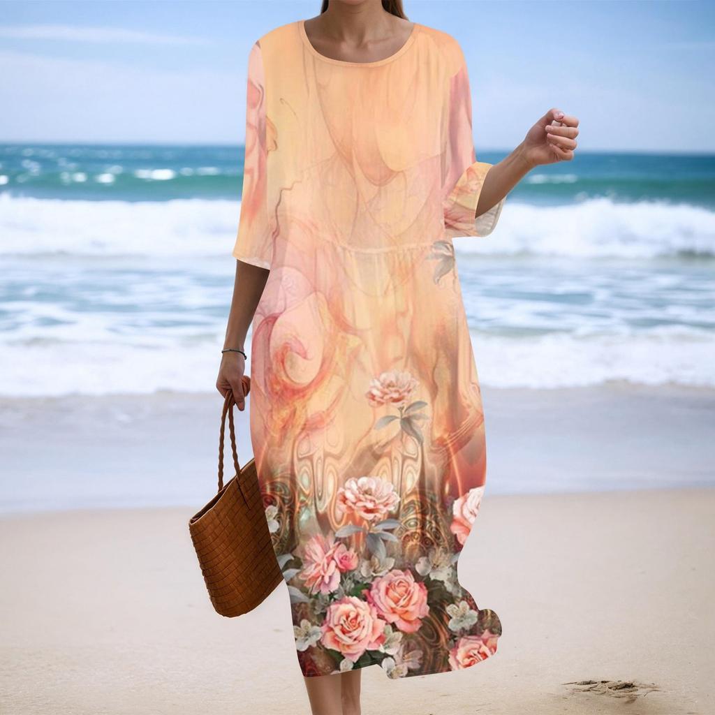 Damen Modisches Bedrucktes Rundhals Siebenviertelärmel Lockeres Kleid