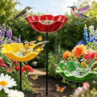 Metal Garden Stake: Handmade Flower Design Bird Bath - Bee Butterfly Water Station Outdoor Garden Decor for Nature Lovers