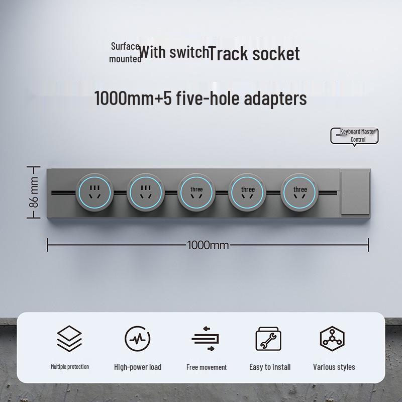 Surface-Mounted Anti-Shock Adjustable Power Strip with Switch Track for Kitchens