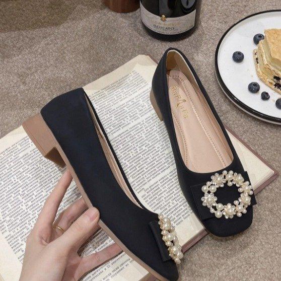 Coarse Heel Single Shoes Women's 2025 New Summer Versatile Doudou Shoes Soft-soled Rhinestone Rings with Skirts Non-slip Flat Shoes