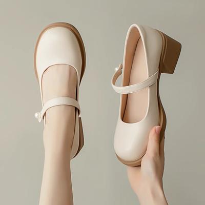 Sapatos Mary Jane Salto Alto Feminino Bico Redondo Salto Bloco Lolita Sapatos de Couro Tira com Fivela de Velcro Scarpins Salto Médio Sapatos Finos