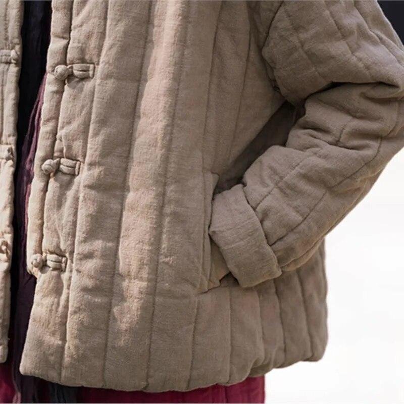 Johnature Women Chinese Style Parkas Solid Color Stand Long Sleeve Winter Coats Button Plus Cotton Warm Parkas