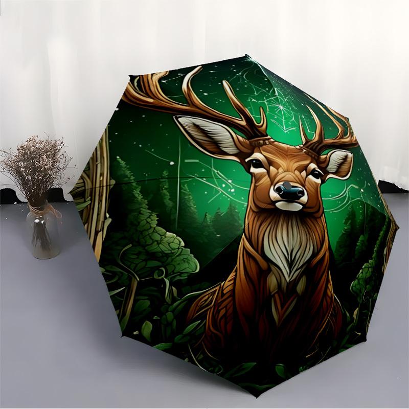 1pc Deer Forest Automatic Umbrella with 8-Rib Compact Design, Foldable & Portable for Outdoor Leisure, Everyday Use191