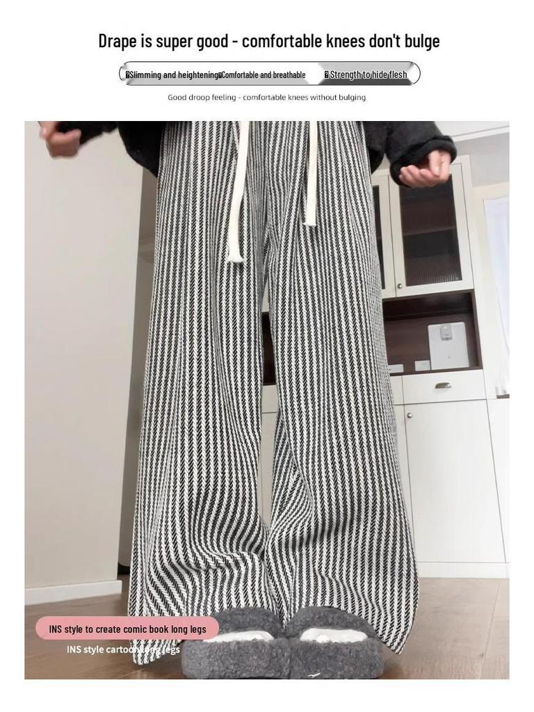 Women's High-Waist Black & White Striped Wool Wide-Leg Pants - Petite 150, Autumn/Winter Collection