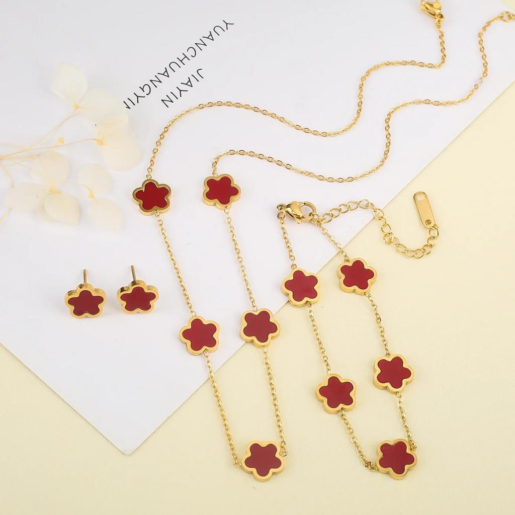 High-Quality Stainless Steel Five-Leaf Flower Set Bracelet Necklace Earrings Simple For Woman Party Birthday Zircon Gift Clover
