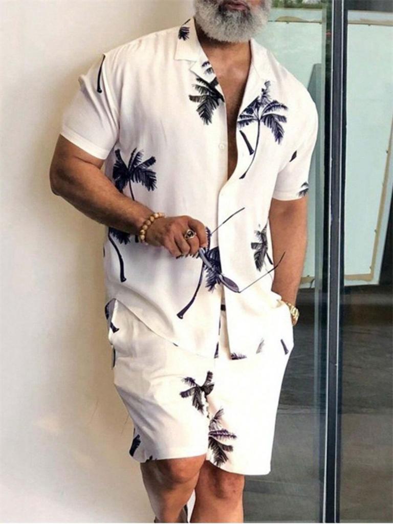 Men's New Hawaiian Short-Sleeved Shirt Shorts Set Summer Daily Travel Shirt Beach Casual Drawstring Shorts Jungle Print Set