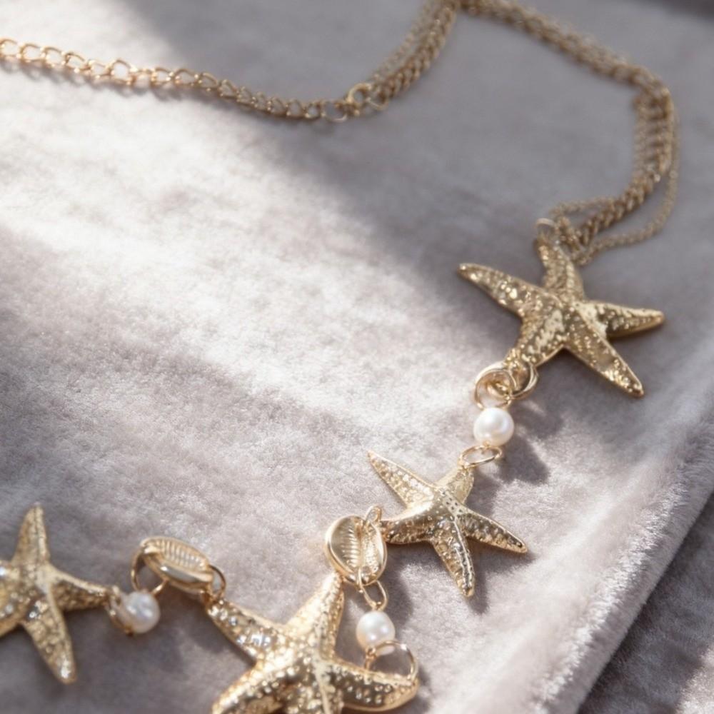 Elegant Starfish Waist Chain Gold Beads Belly Chains Sea Star Imitation Pearl Body Chain  Party