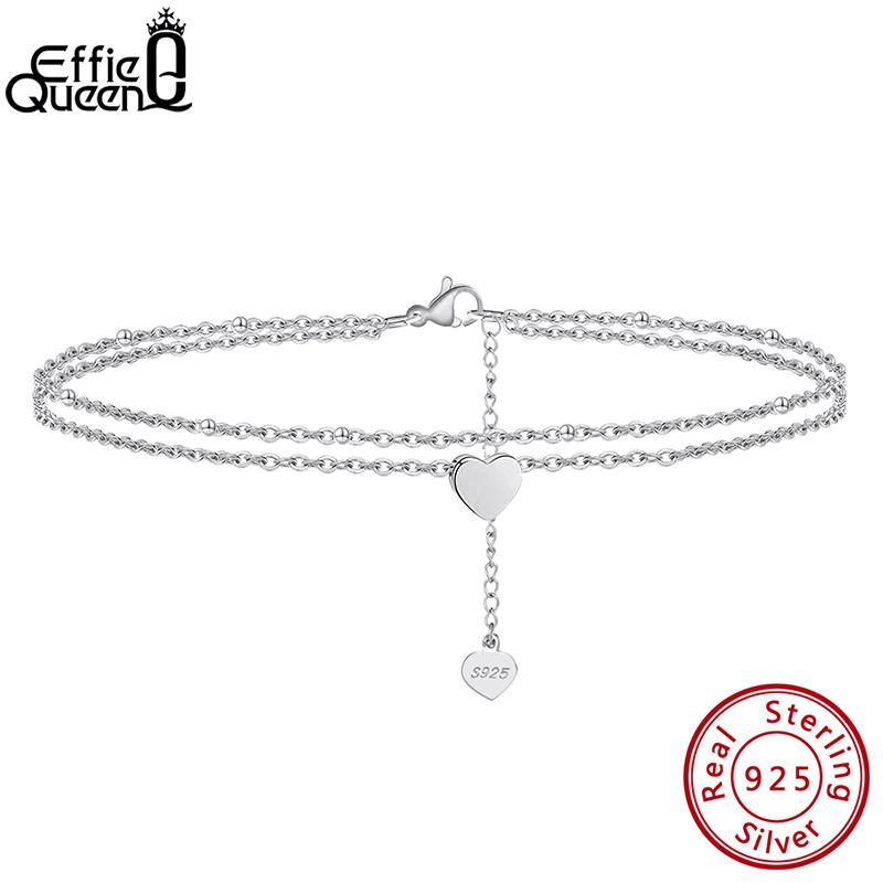 Effie Queen Fashion 925 Sterling Silver Heart Double Layer Anklet Jewelry Summer Heart Charm Beach Foot Chain Bracelet Gift SA17