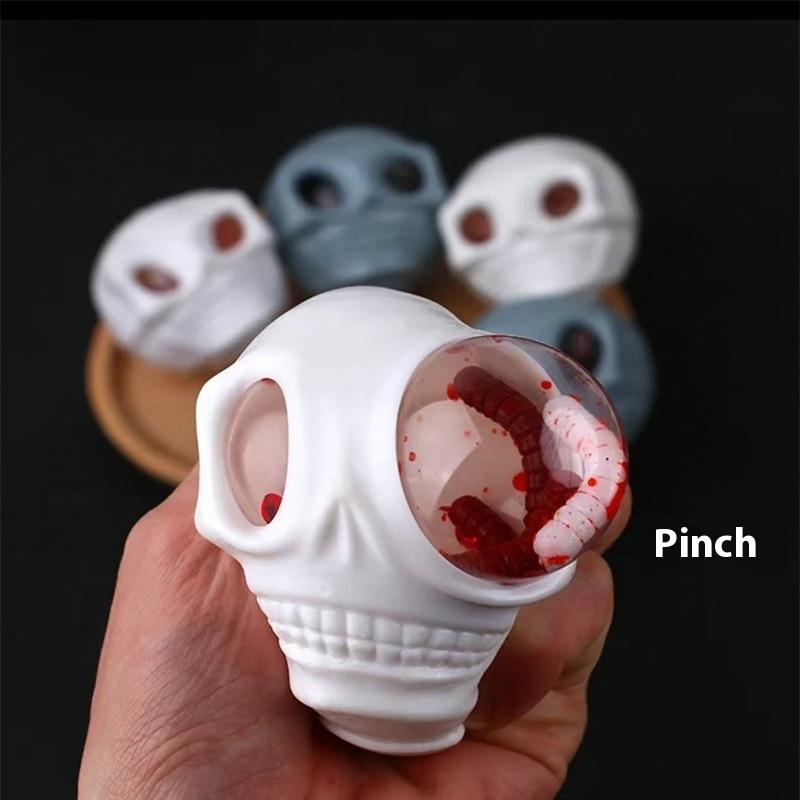 1/2Pcs Squeeze Skulls With Blood And Maggots Halloween Prank Toys Halloween Stress Balls Squeeze Skull Fidget Decompression Toy