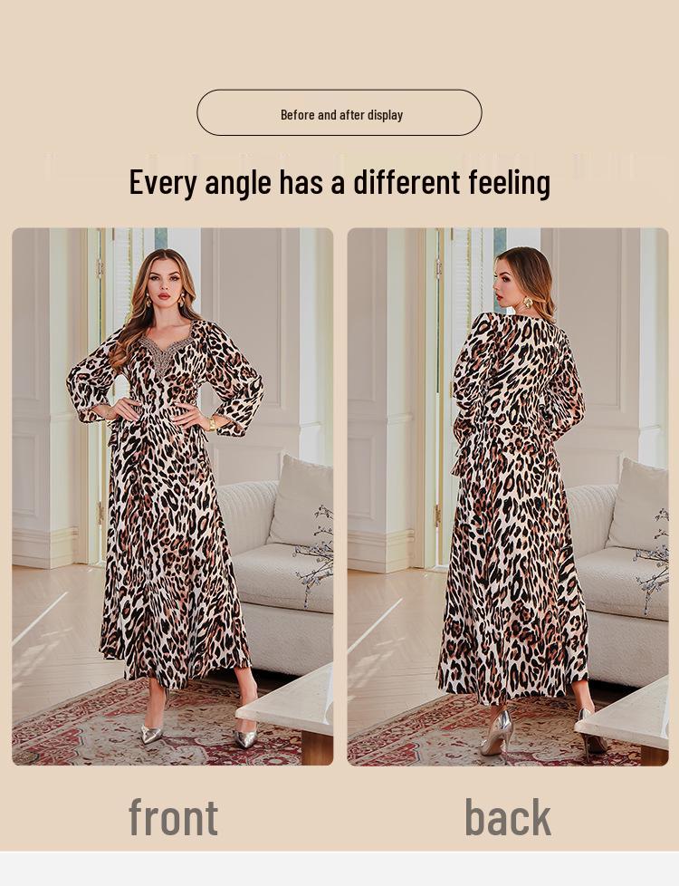 Leopard Print Abaya Dress - Elegant All-Season Middle Eastern Muslim Women's Robe