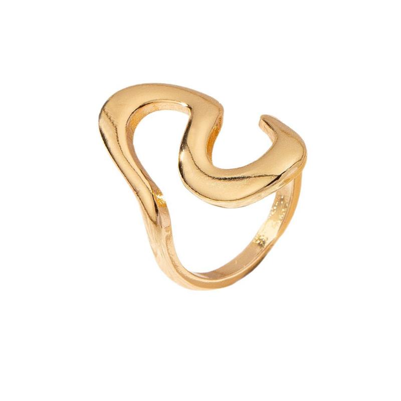 Gold Color Stainless Steel Curved Rings for Women Vintage Irregular S-Shaped Open Ring Waterproof Wedding Aesthetic Zircon Gift