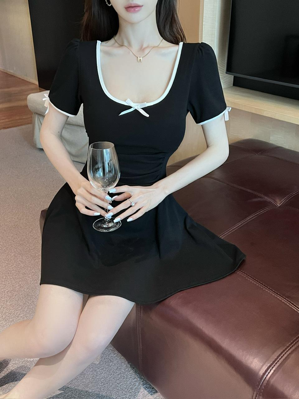 Black round neck a word short waist sweet and spicy sexy women s clothing small short dress women s summer S чёрный