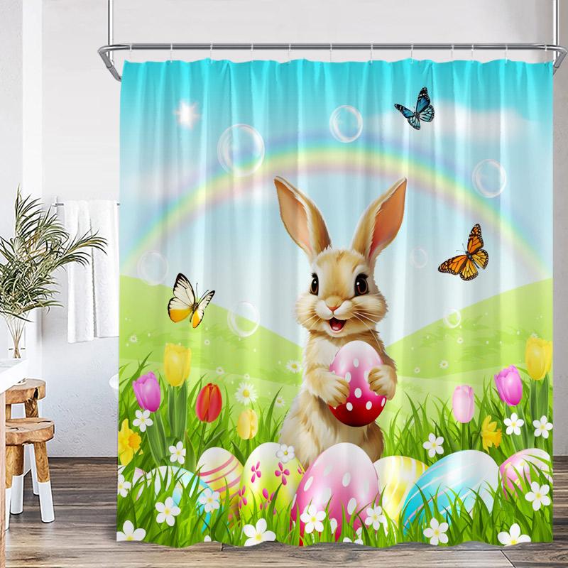 Shower Curtain, Easter Bunny Egg Waterproof Polyester Bathroom Curtain With Hooks, Spring Rabbit Dog Holiday Decor Bath Curtain