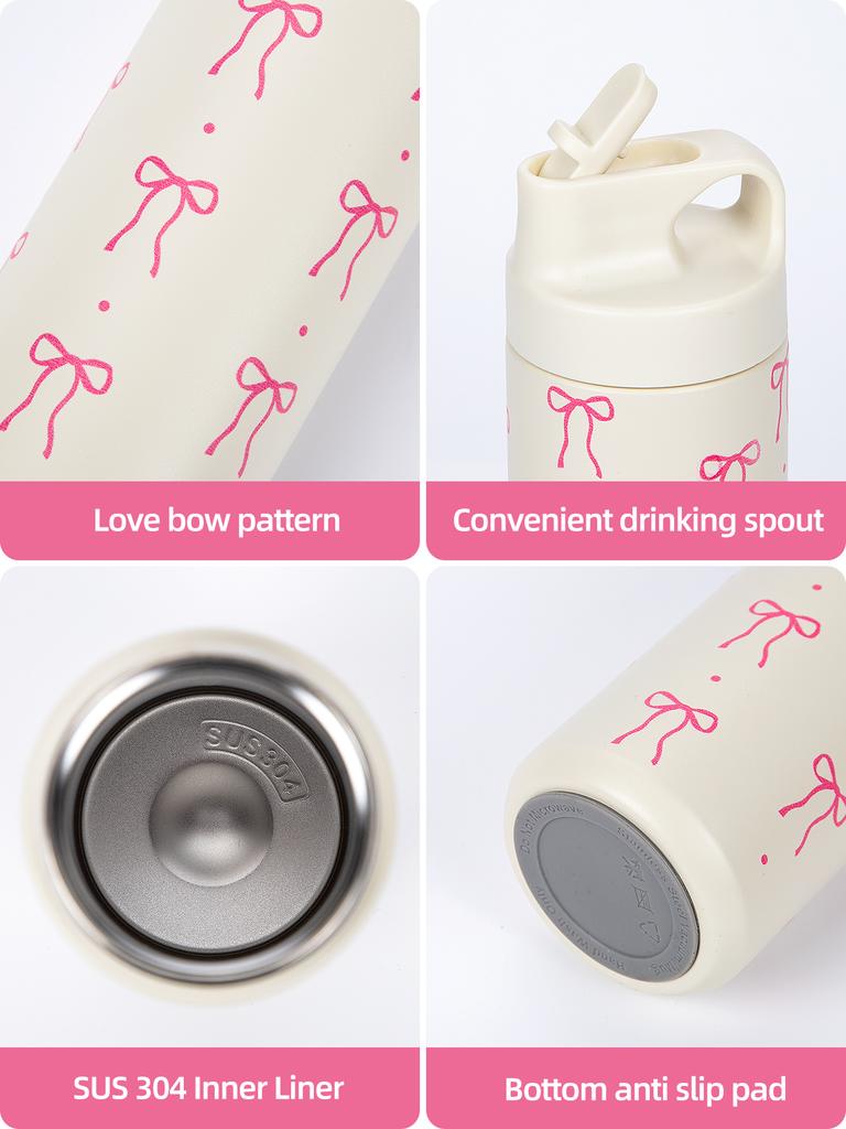 500ml Stainless Steel Bow Thermo Water Bottle Double-layer Cherry Print Vacuum Cup Leak Prevention Insulated Flasks Thermal Tumb