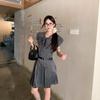 French Gray Polka Dot Bubble Sleeve Dress Women's Summer Bow Design Sense Temperament Sweet Waist Short Skirt