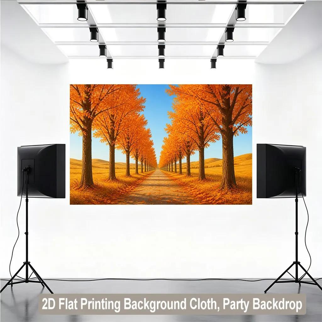 2D flat surface 1 piece of landscape autumn trees path background banner suitable for home garden studio