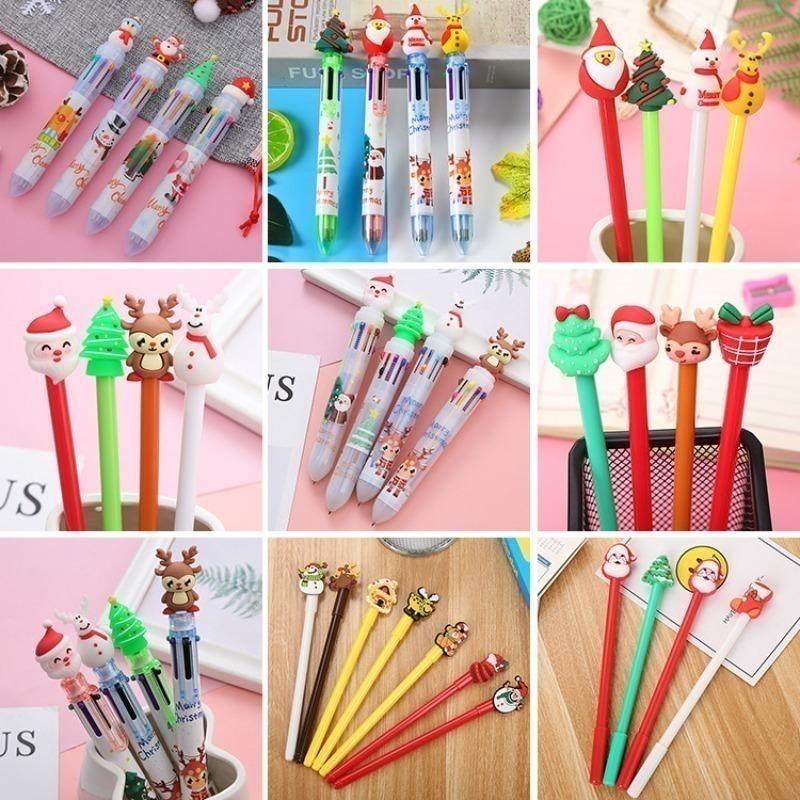 15Pcs Christmas Character Topper Multi Color Retractable Ballpoint Pen Set, Back to School Season Student Stationery with Santa, Snowman and Christmas