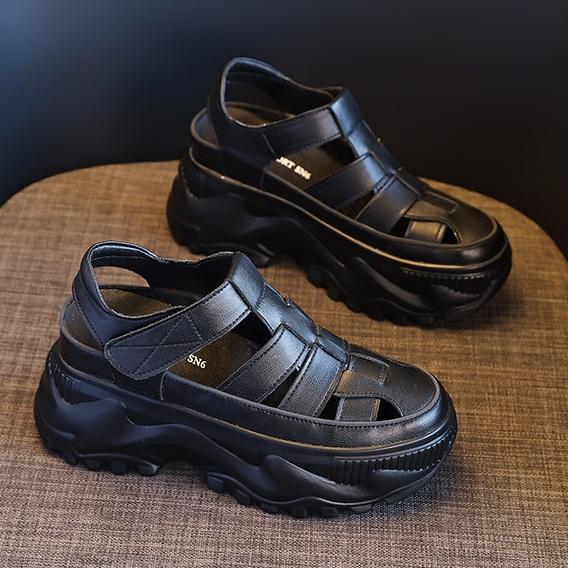 Sandálias de Plataforma Sapatos Femininos Chinelos com Aumento de Altura Interna Verão Feminino para Exterior Novo Sandálias Respiráveis de Couro de Vaca com Bico