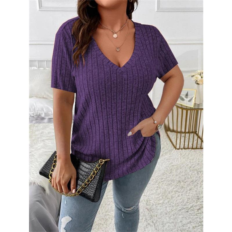 Spring Summer Women's Tops Solid Color V-neck Loose Pit Stripe Brushed Short Sleeved T Shirt