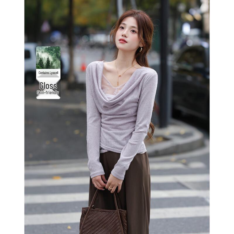 

Lace Spliced Cowl Neck Ruched T-Shirt L