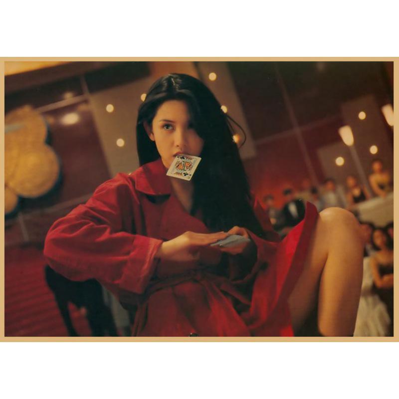 

Shu Qi Red Outfit Poker Card Poster - Retro Hong Kong Star Wall Art Yellow Kraft Paper (No Glue) 30X42 cm