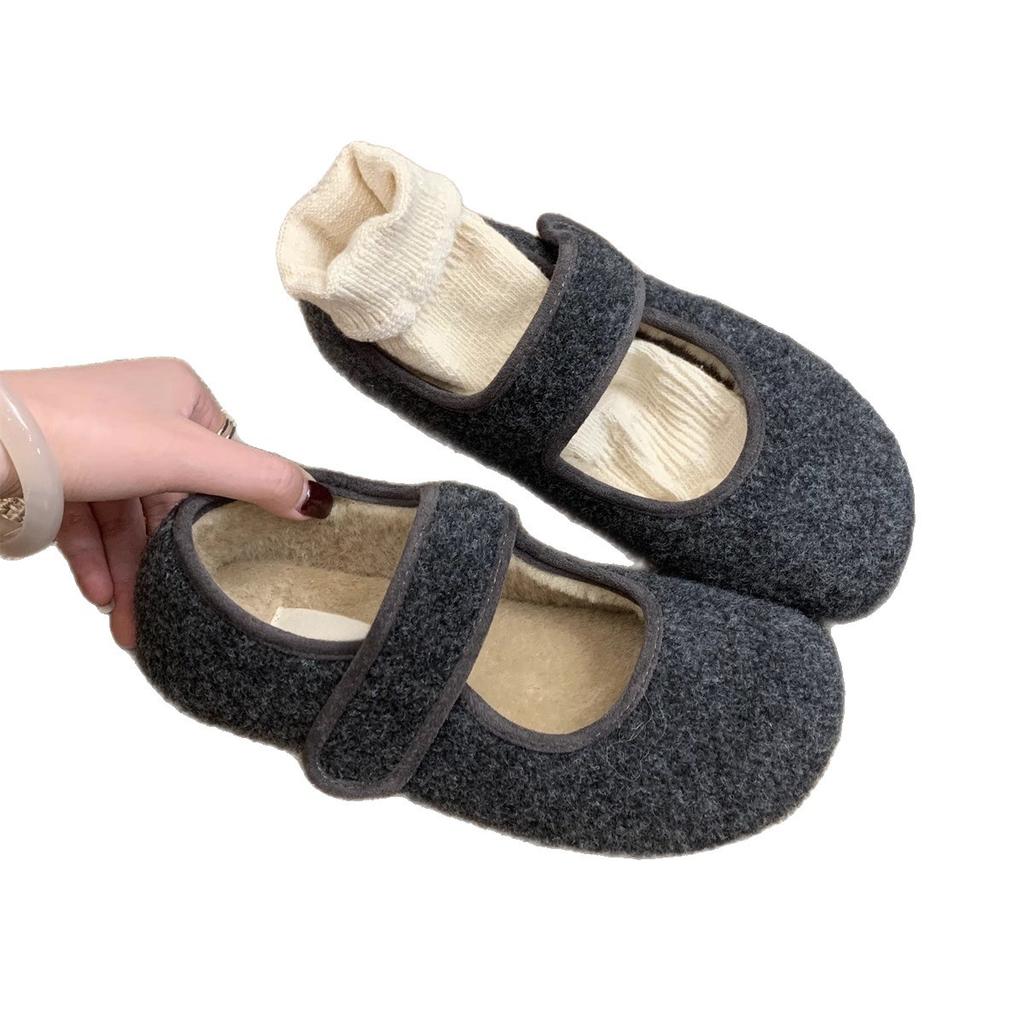 Gray~ very gentle and advanced! Hairy shoes women wear warm autumn and winter flat Mary Jane velvet cotton shoes